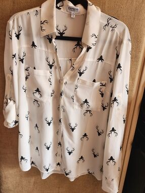 Rare Express White Button-Up Blouse with Black Deer Print